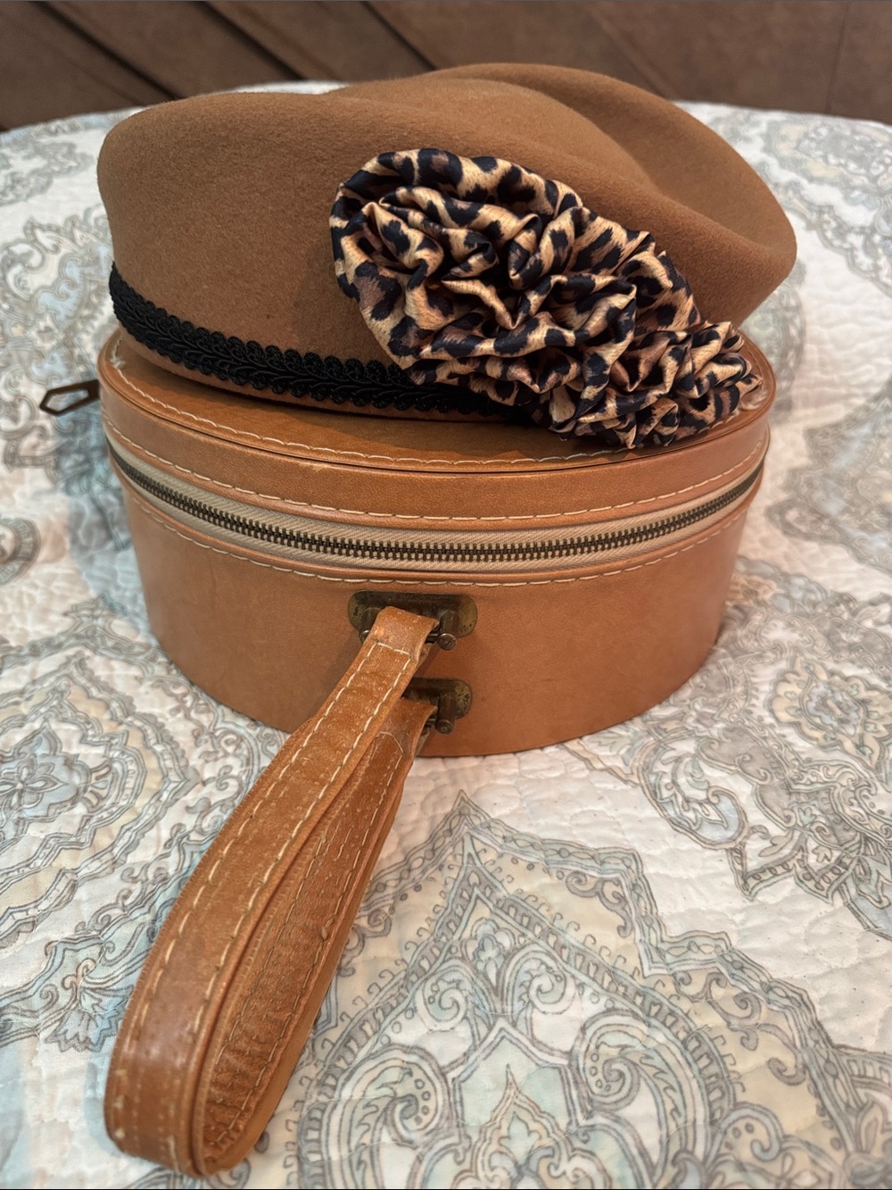 Women’s Brown Wool Beret with Leopard Accent